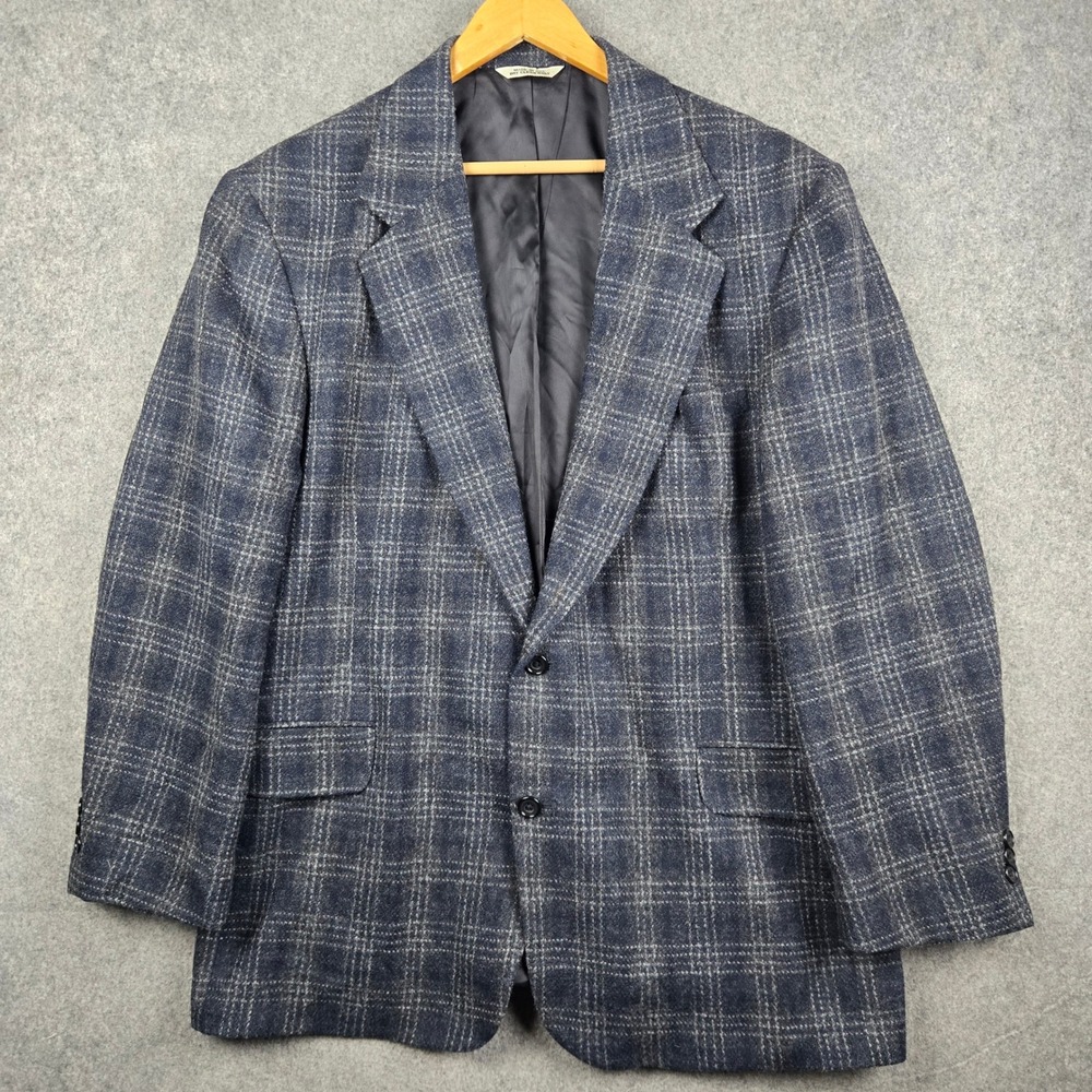 Eddie Bauer Sport Coat Mens 46R Blue Plaid Wool Blazer Jacket Vintage 90s USA